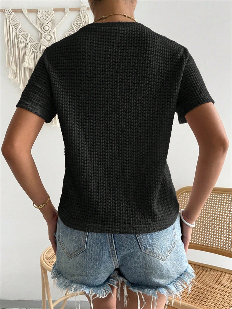 Waffle Knit Crewneck Fitted Tee - black - 1