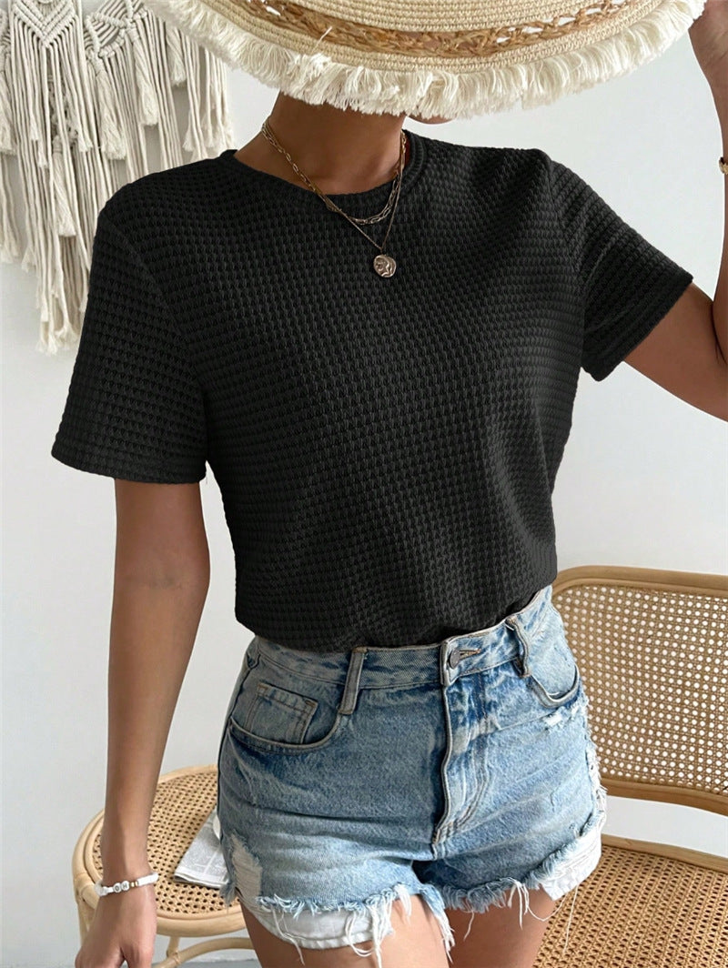 Waffle Knit Crewneck Fitted Tee - black - 2