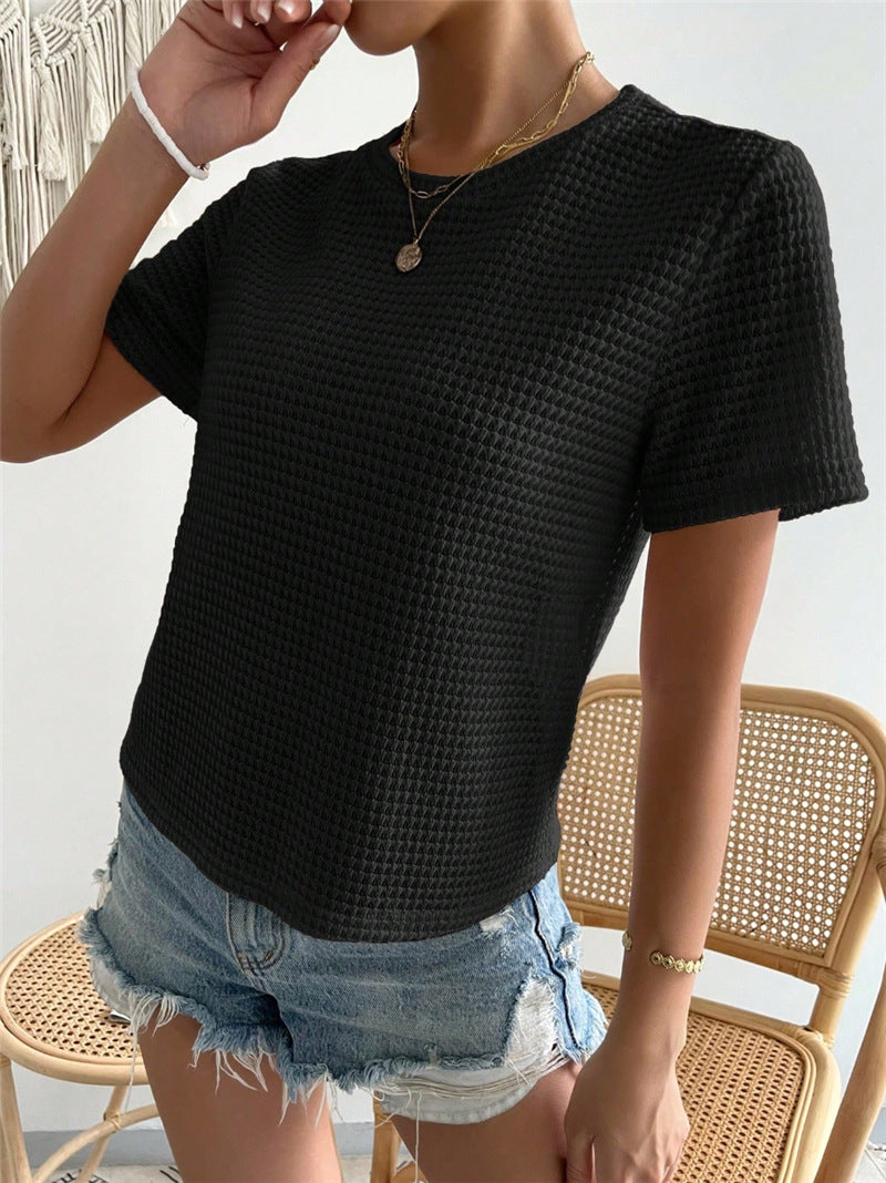 Waffle Knit Crewneck Fitted Tee - black - 3