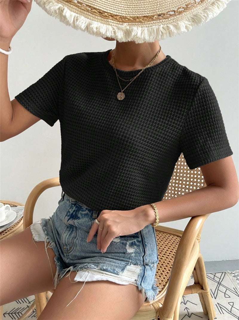 Waffle Knit Crewneck Fitted Tee - black - 4