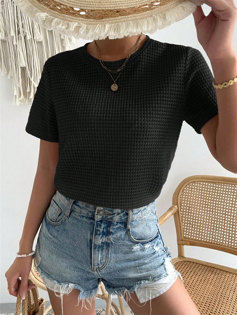 Waffle Knit Crewneck Fitted Tee - black - 5