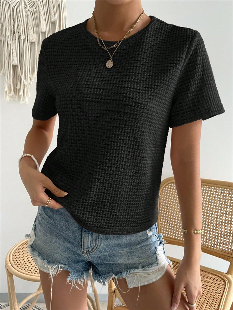 Waffle Knit Crewneck Fitted Tee - black - 6