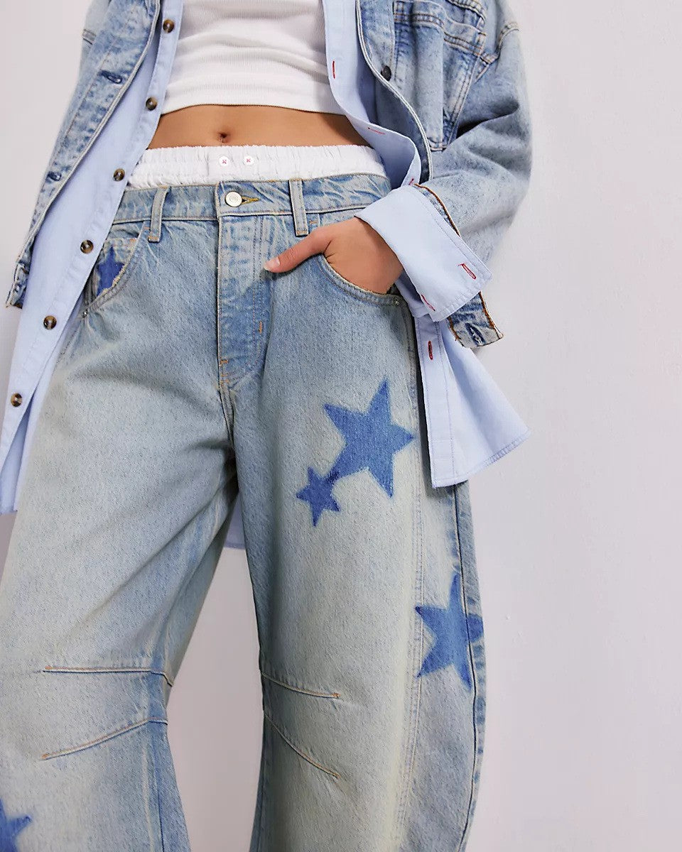 Star Print Baggy Barrel Leg Jeans - Pentagram
