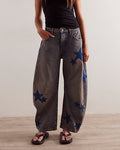 Star Print Baggy Barrel Leg Jeans - Retro-Blue