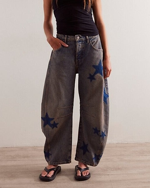Star Print Baggy Barrel Leg Jeans - Retro-Blue