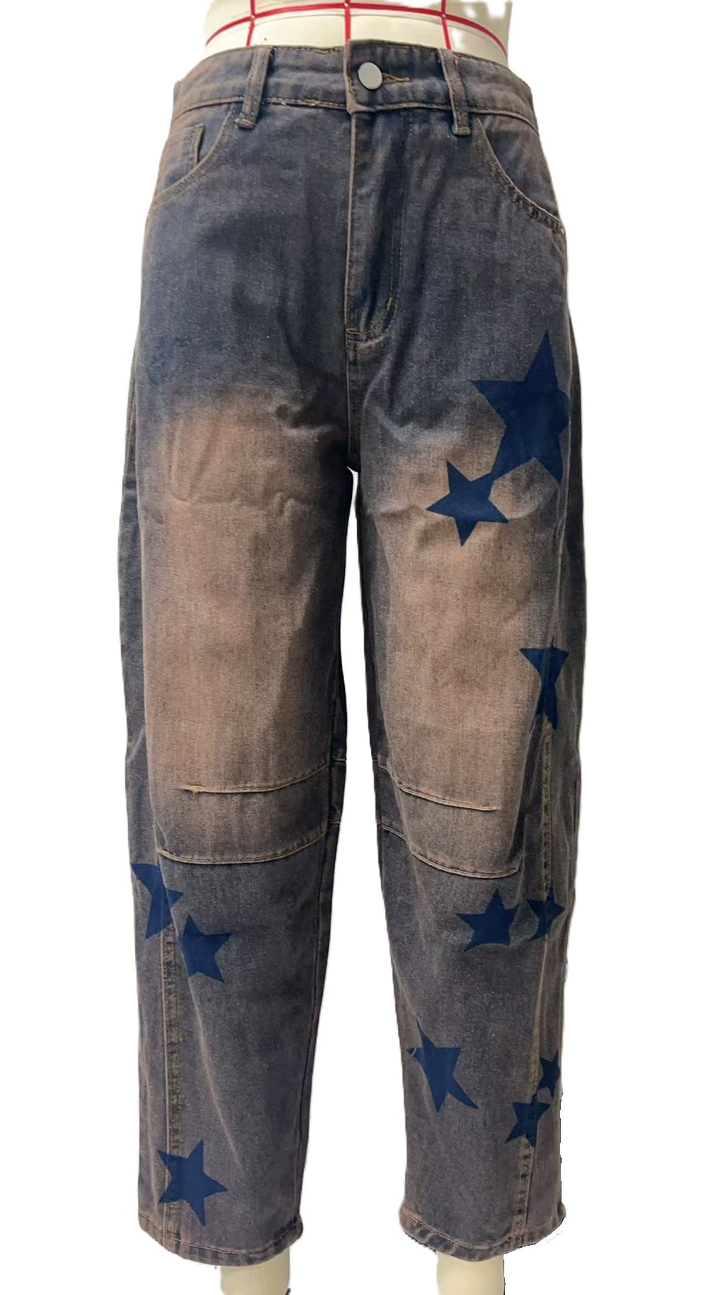 Star Print Baggy Barrel Leg Jeans - Retro-Blue - 1