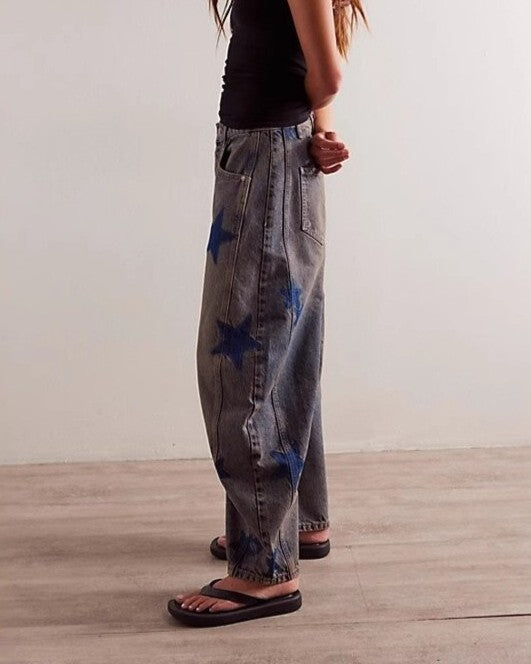Star Print Baggy Barrel Leg Jeans - Retro-Blue - 2