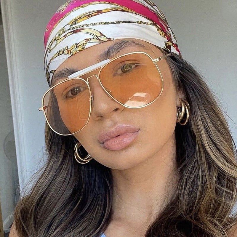 Oversized Double Bridge Metal Aviator Sunglasses - Orange