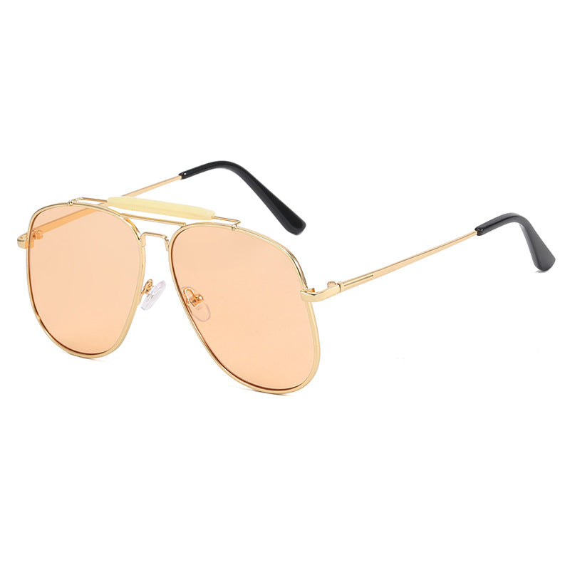 Oversized Double Bridge Metal Aviator Sunglasses - Orange - 1