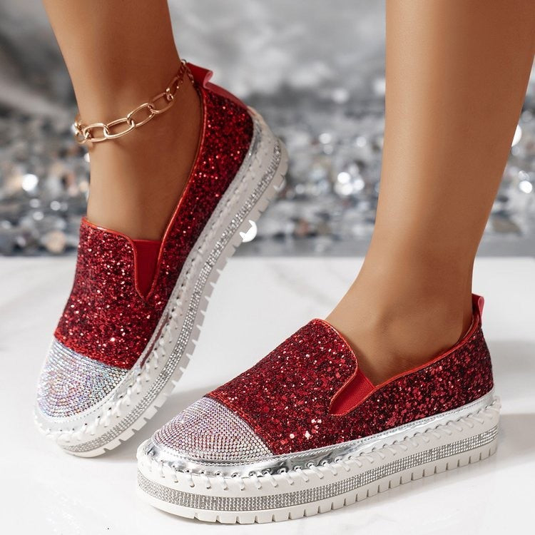 Glitter Rhinestone Slip-On Loafers - Red