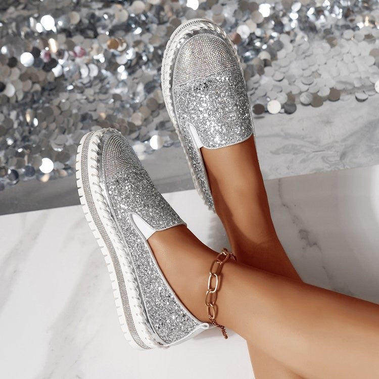 Glitter Rhinestone Slip-On Loafers - Silver