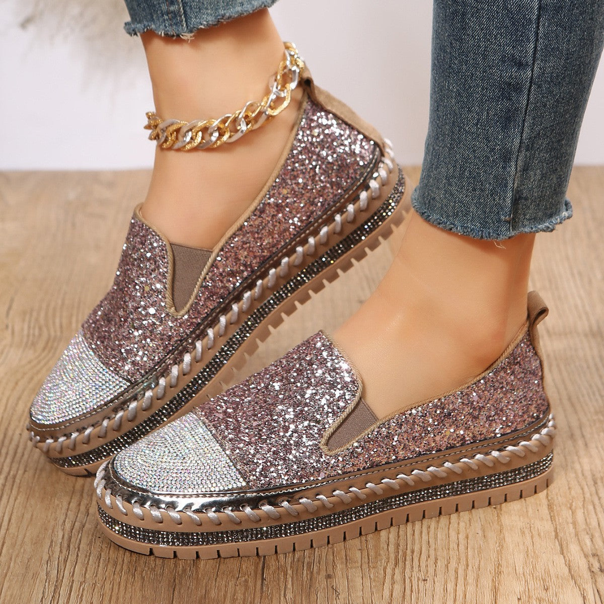 Glitter Rhinestone Slip-On Loafers