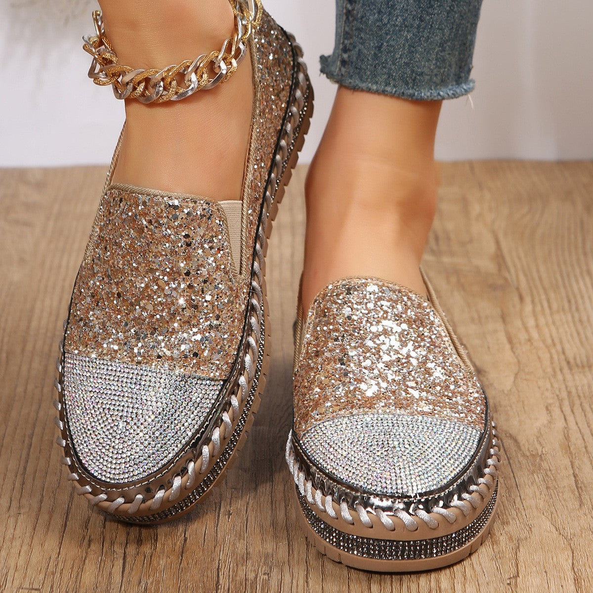 Glitter Rhinestone Slip-On Loafers
