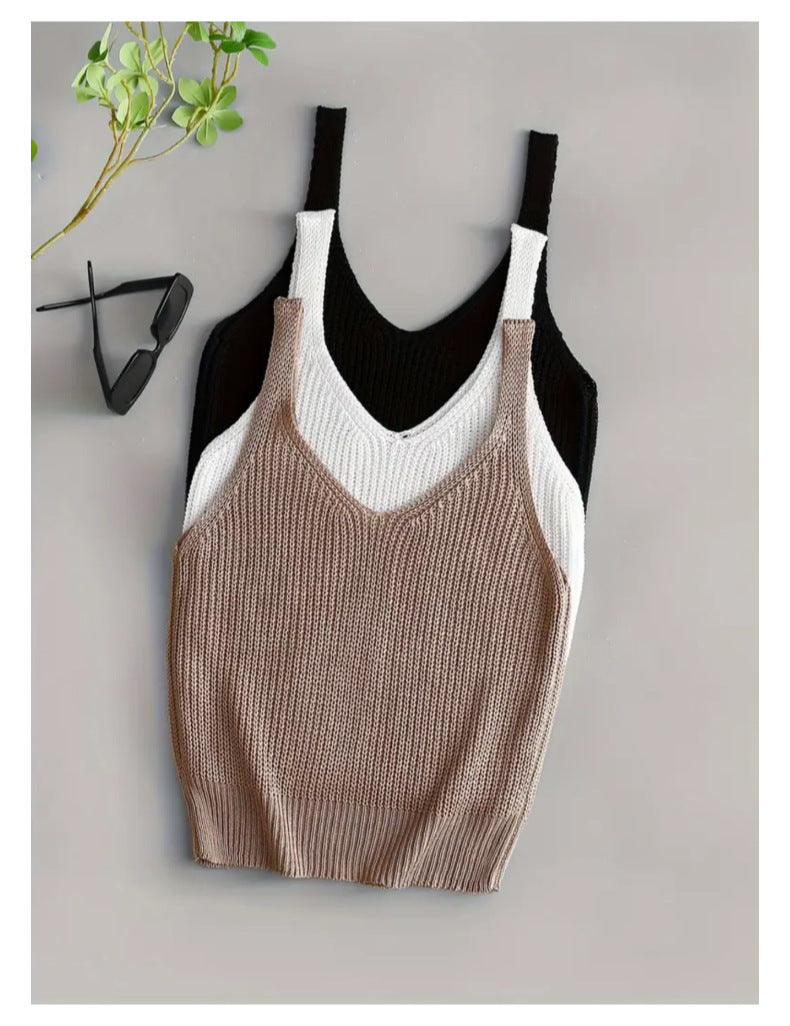 Ribbed Knit V Neck Cami With Wide Straps - K+B+W