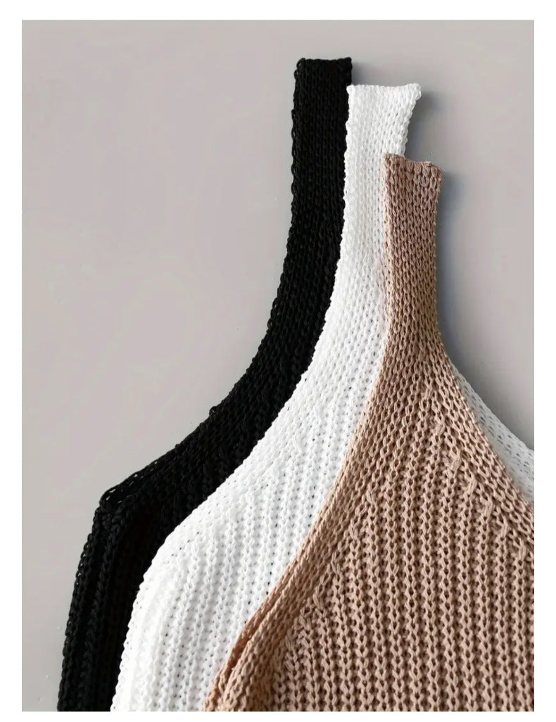 Ribbed Knit V Neck Cami With Wide Straps - K+B+W - 3