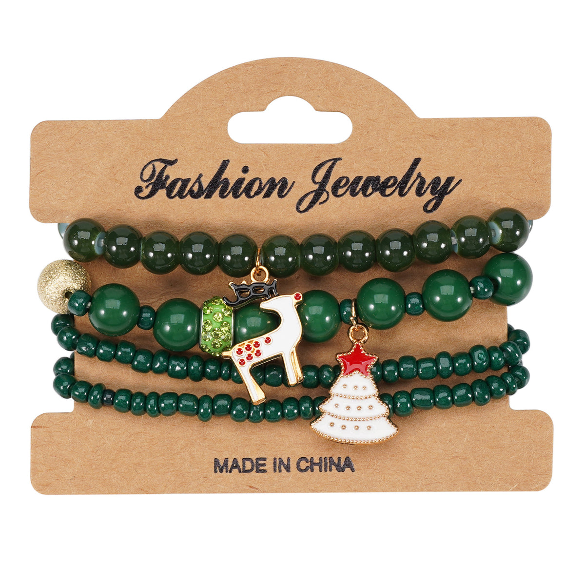 Snowflake Charm Beaded Stretch Bracelet Set - Green