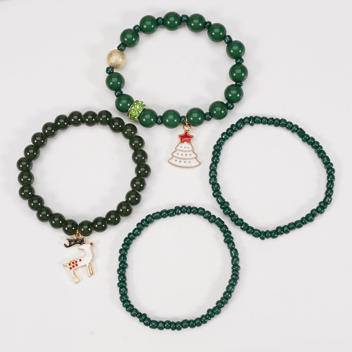 Snowflake Charm Beaded Stretch Bracelet Set - Green - 1