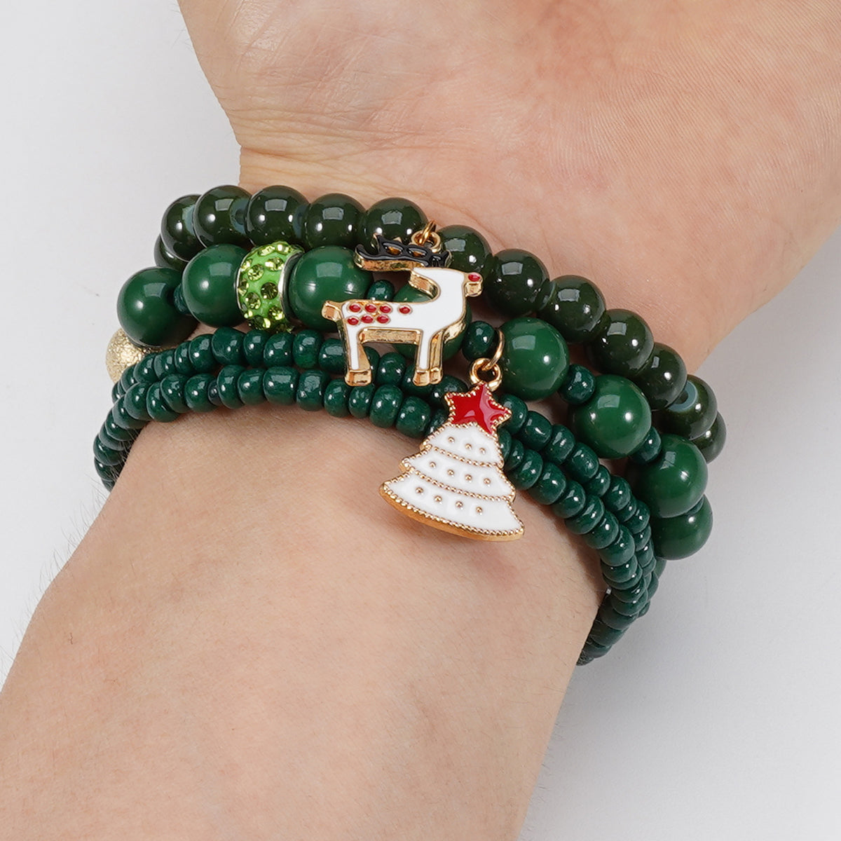 Snowflake Charm Beaded Stretch Bracelet Set - Green - 2