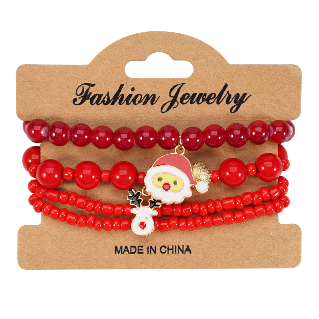 Snowflake Charm Beaded Stretch Bracelet Set - Red