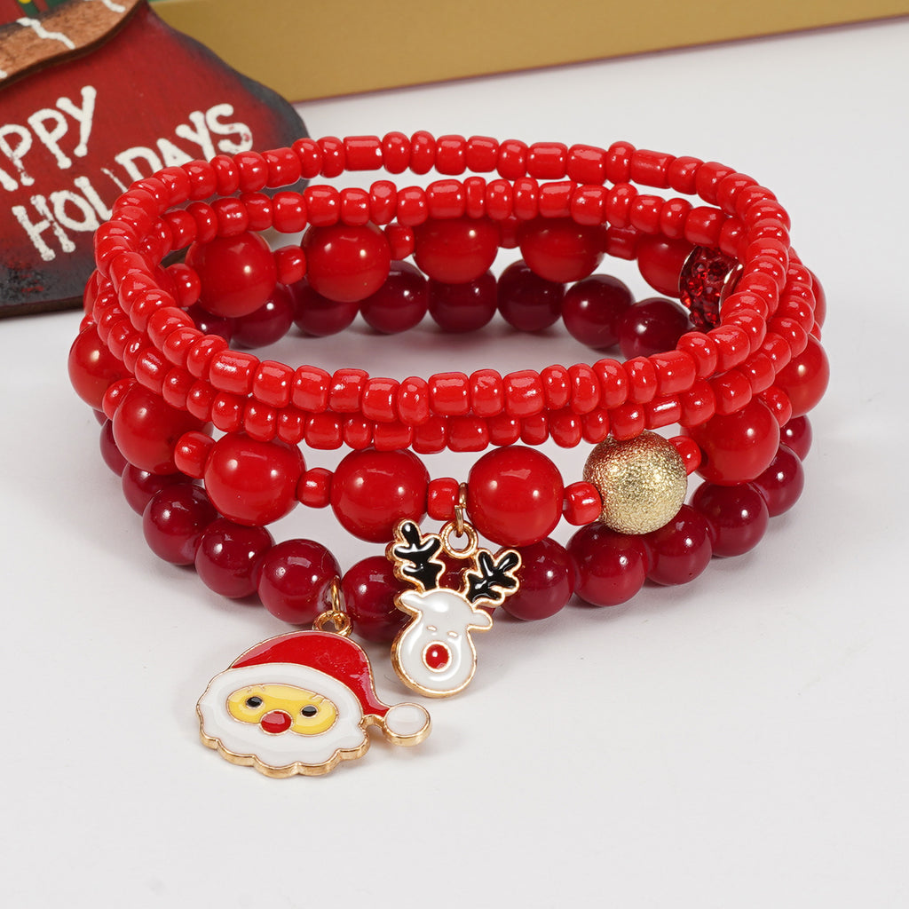 Snowflake Charm Beaded Stretch Bracelet Set - Red - 1