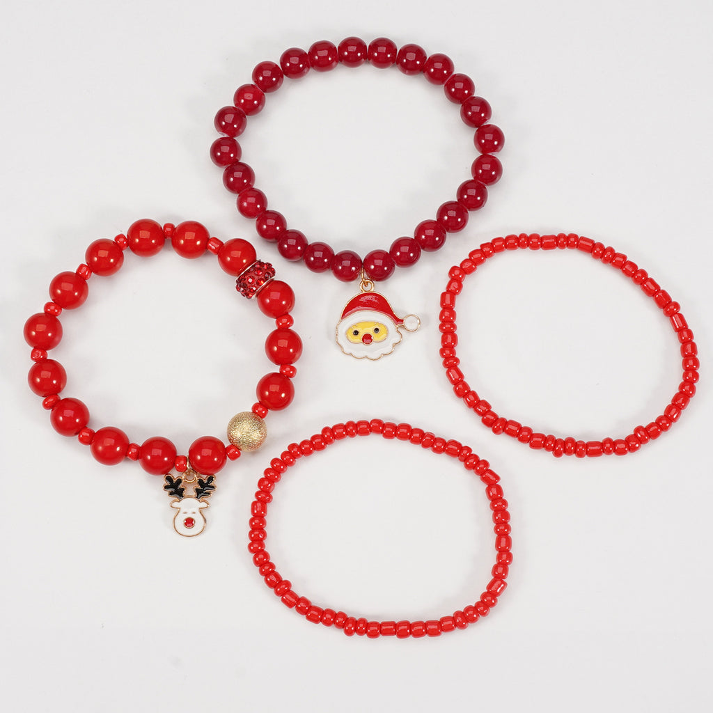 Snowflake Charm Beaded Stretch Bracelet Set - Red - 2