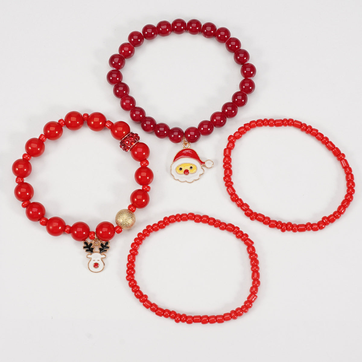 Snowflake Charm Beaded Stretch Bracelet Set - Red - 2