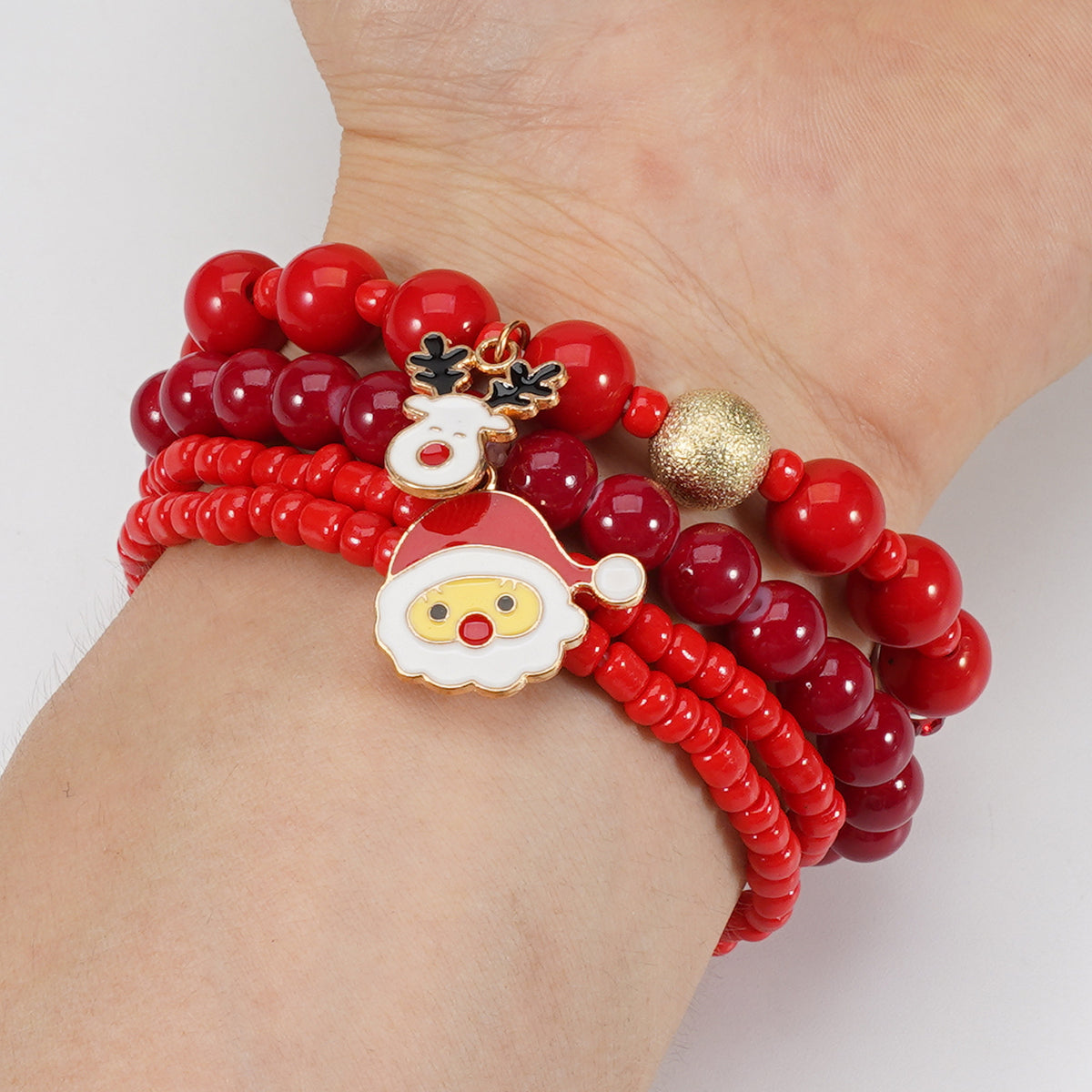 Snowflake Charm Beaded Stretch Bracelet Set - Red - 3