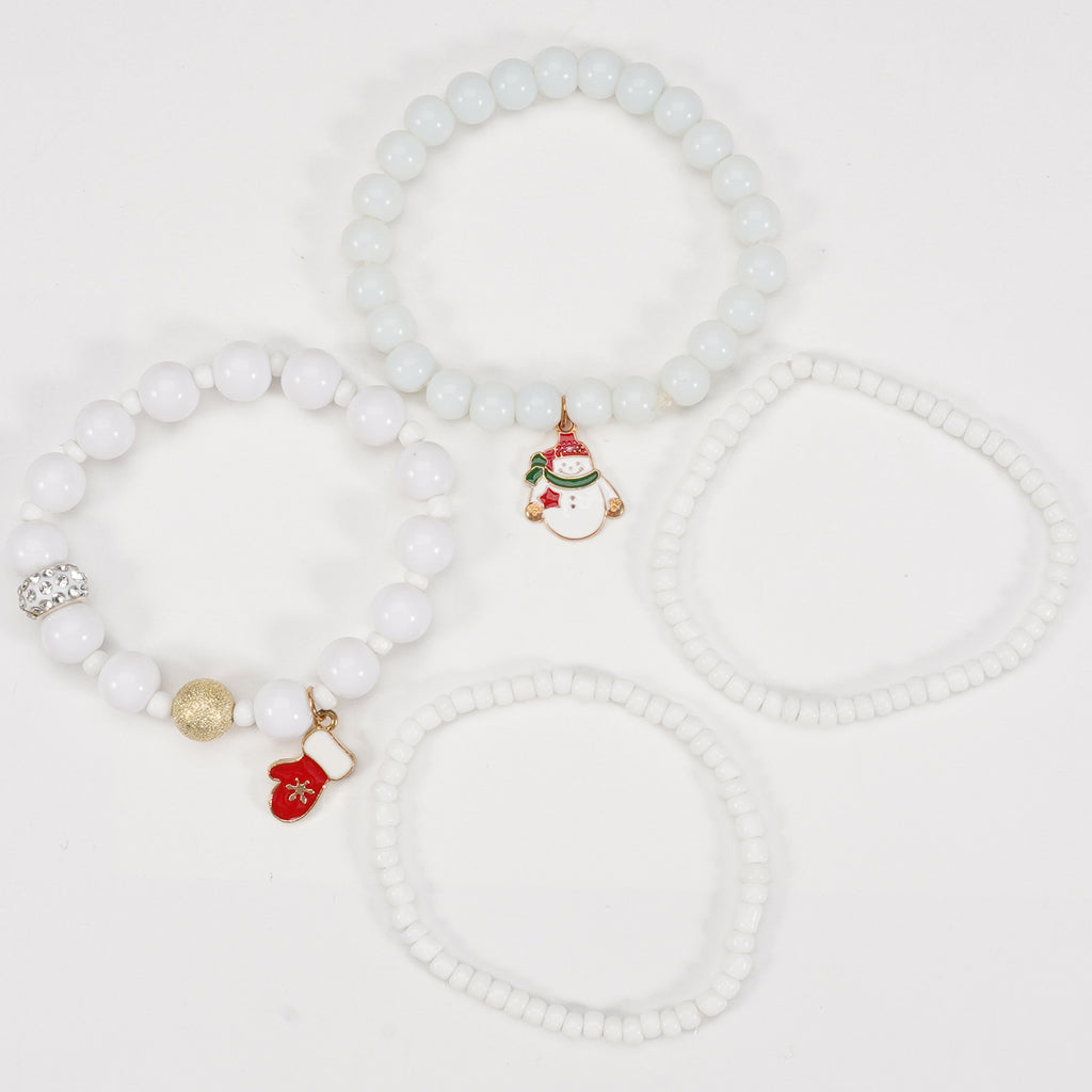 Snowflake Charm Beaded Stretch Bracelet Set - white - 2