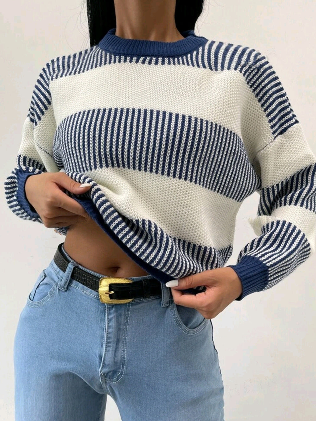 Nautical Stripe Cropped Crewneck Sweater - blue