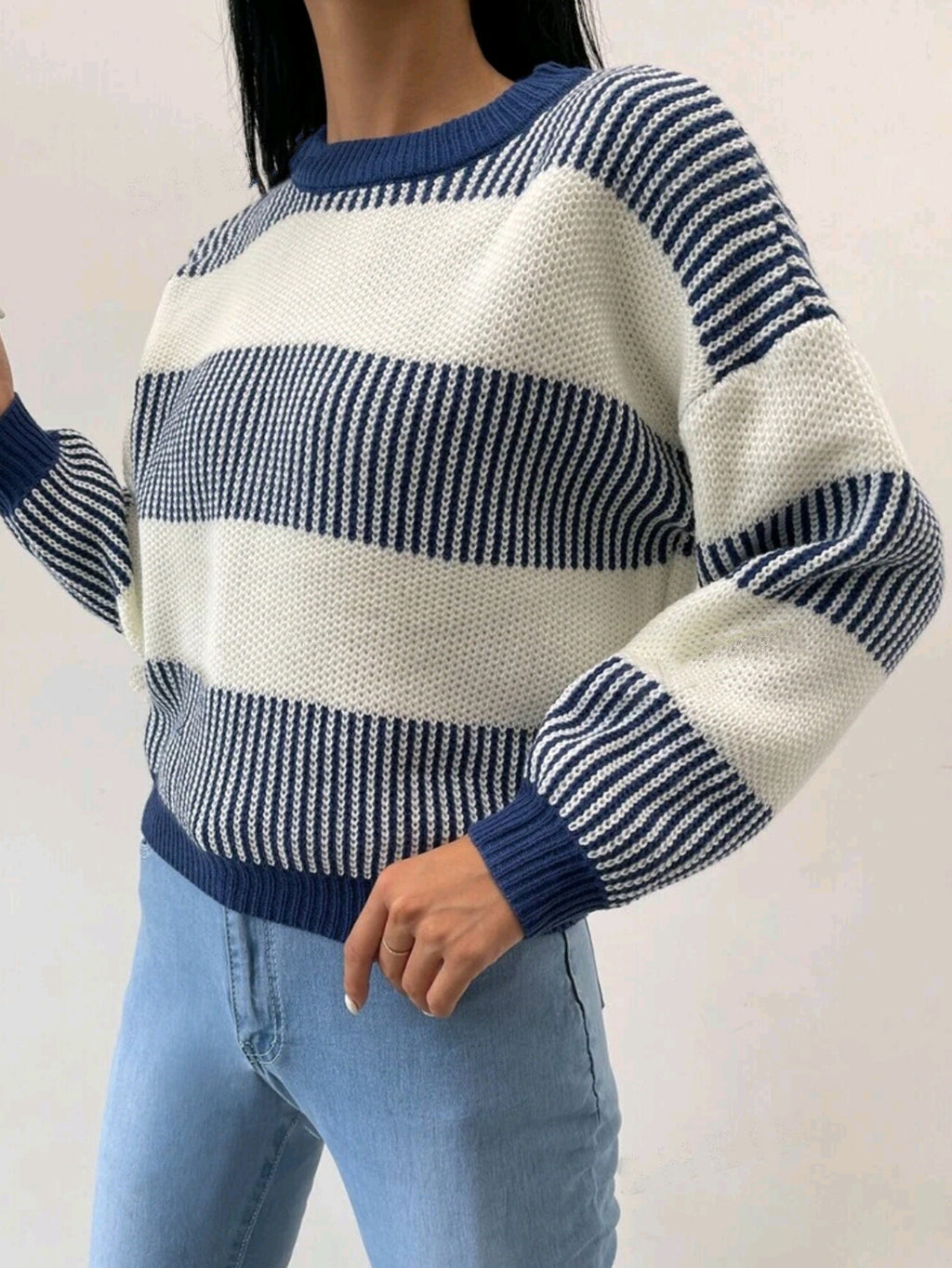 Nautical Stripe Cropped Crewneck Sweater - blue - 1