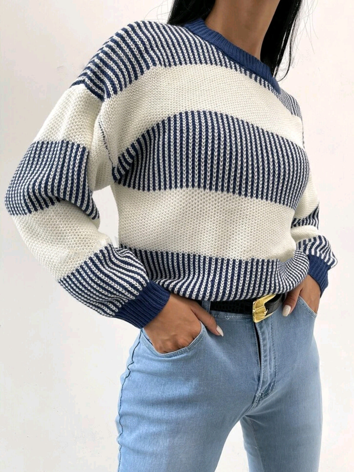Nautical Stripe Cropped Crewneck Sweater - blue - 2