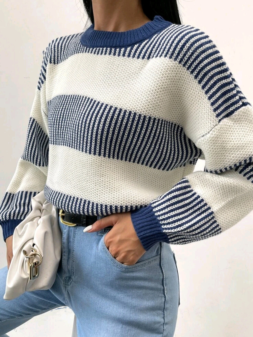 Nautical Stripe Cropped Crewneck Sweater - blue - 3
