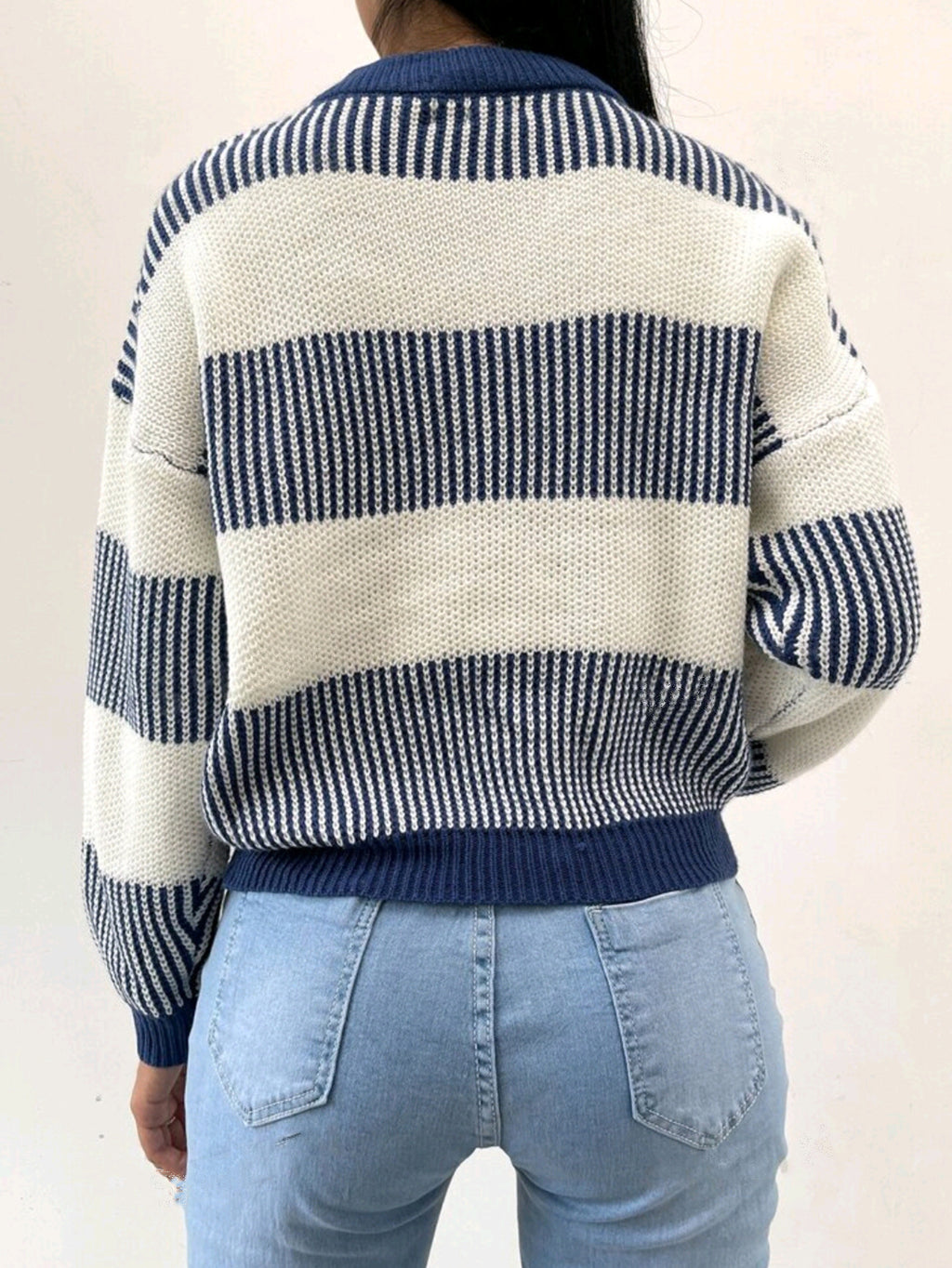 Nautical Stripe Cropped Crewneck Sweater - blue - 4