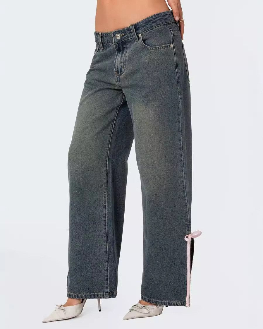 Bow Trim Side Split Baggy Jeans - Blue