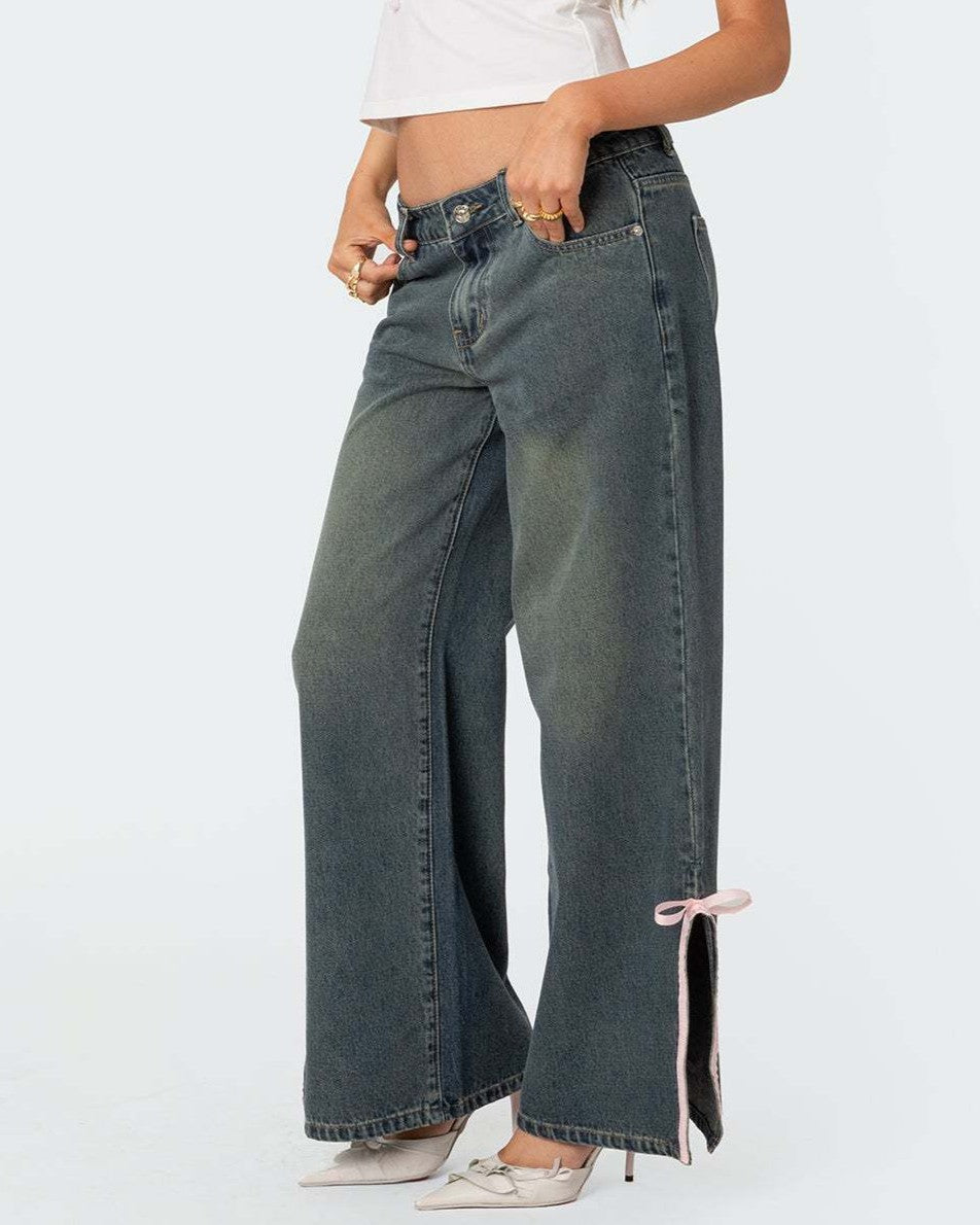 Bow Trim Side Split Baggy Jeans - Blue - 1