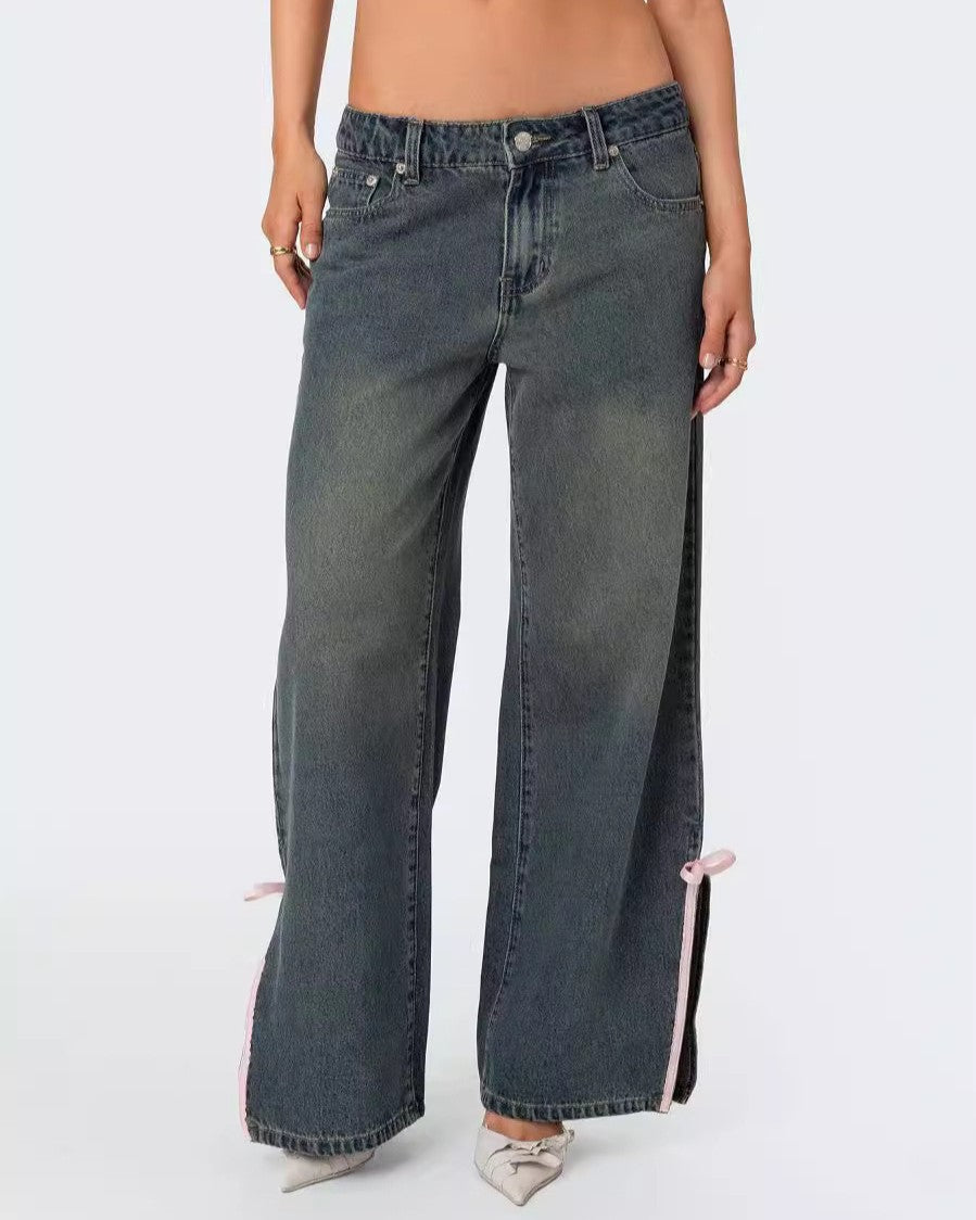 Bow Trim Side Split Baggy Jeans - Blue - 2