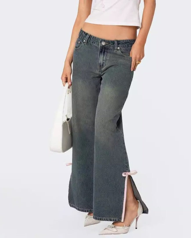 Bow Trim Side Split Baggy Jeans - Blue - 3