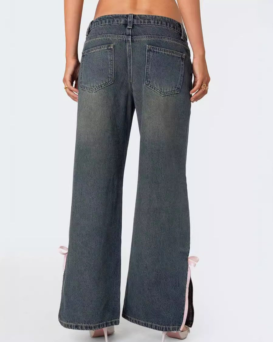 Bow Trim Side Split Baggy Jeans - Blue - 4