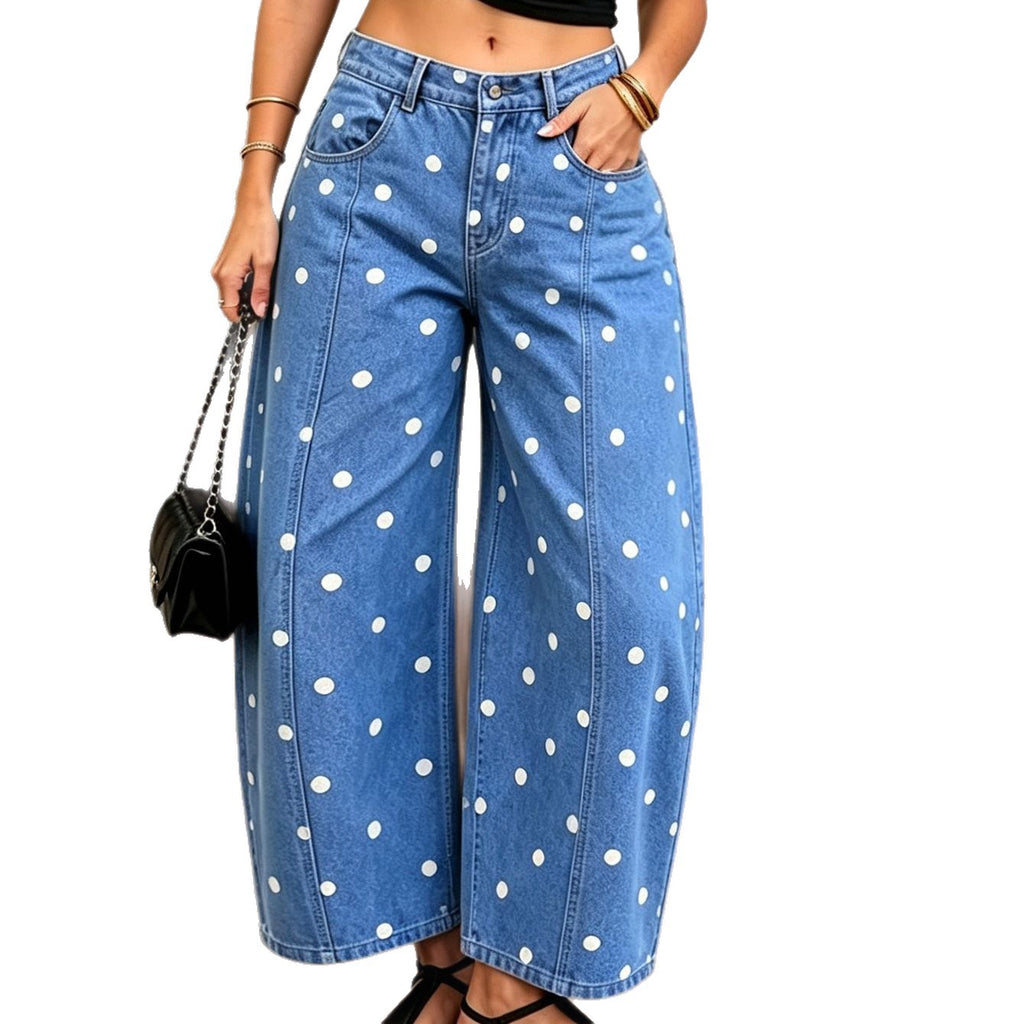 Polka Dot Horseshoe Leg Jeans with High Rise - Blue - 1