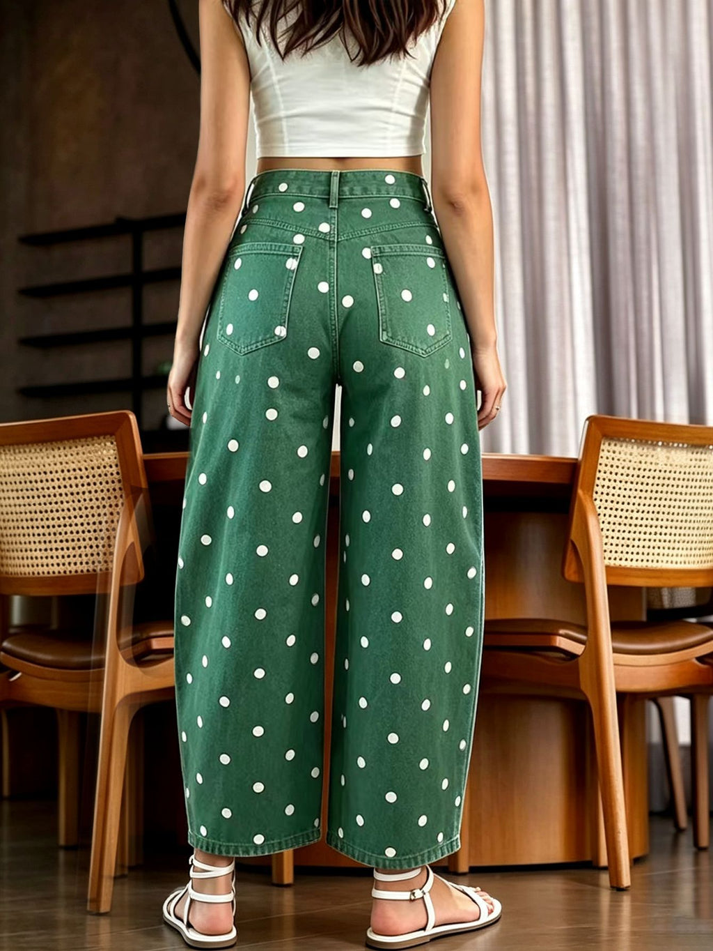 Polka Dot Horseshoe Leg Jeans with High Rise - Green - 1