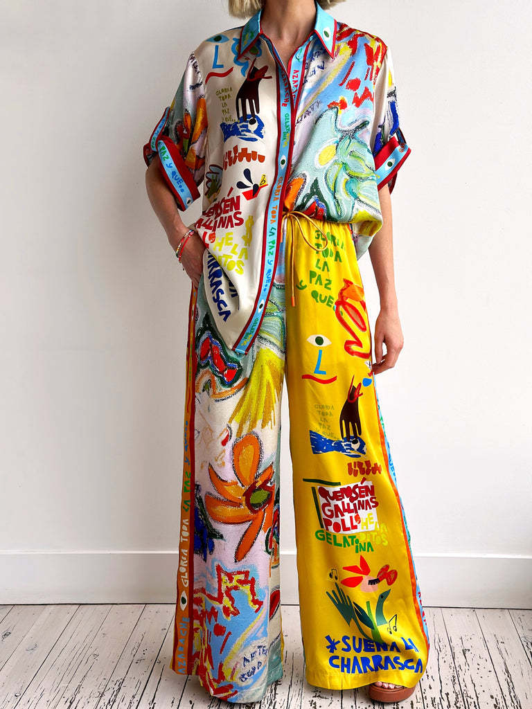 Graffiti Print Shirt and Wide Leg Pants Set - Decor