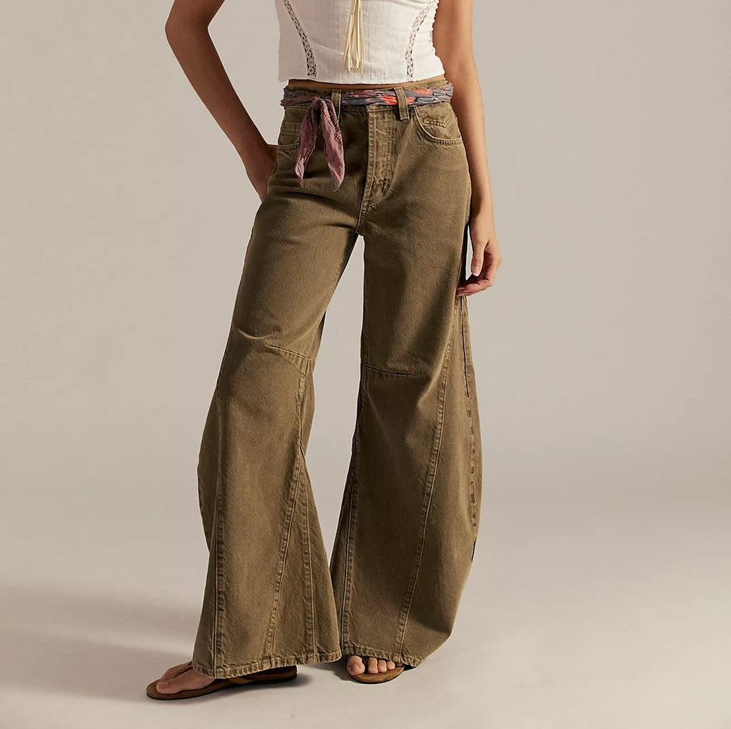 High Waist Flared Wide Leg Jeans - Khaki