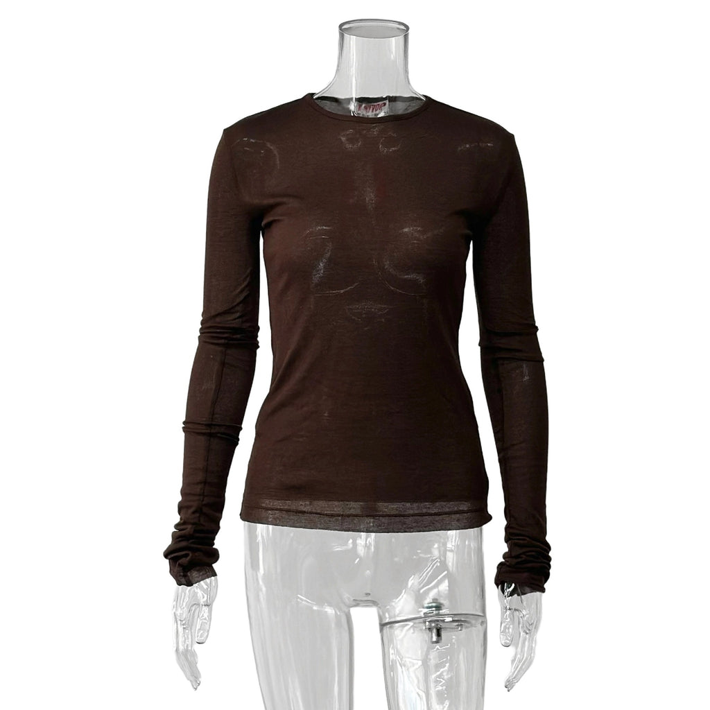Sheer Slim Fit Long Sleeve Blouse - Brown