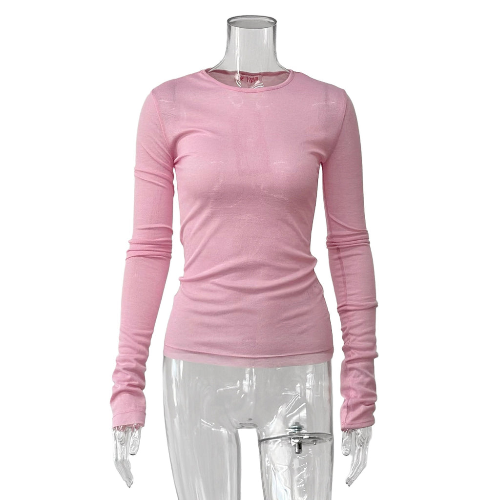 Sheer Slim Fit Long Sleeve Blouse - Pink