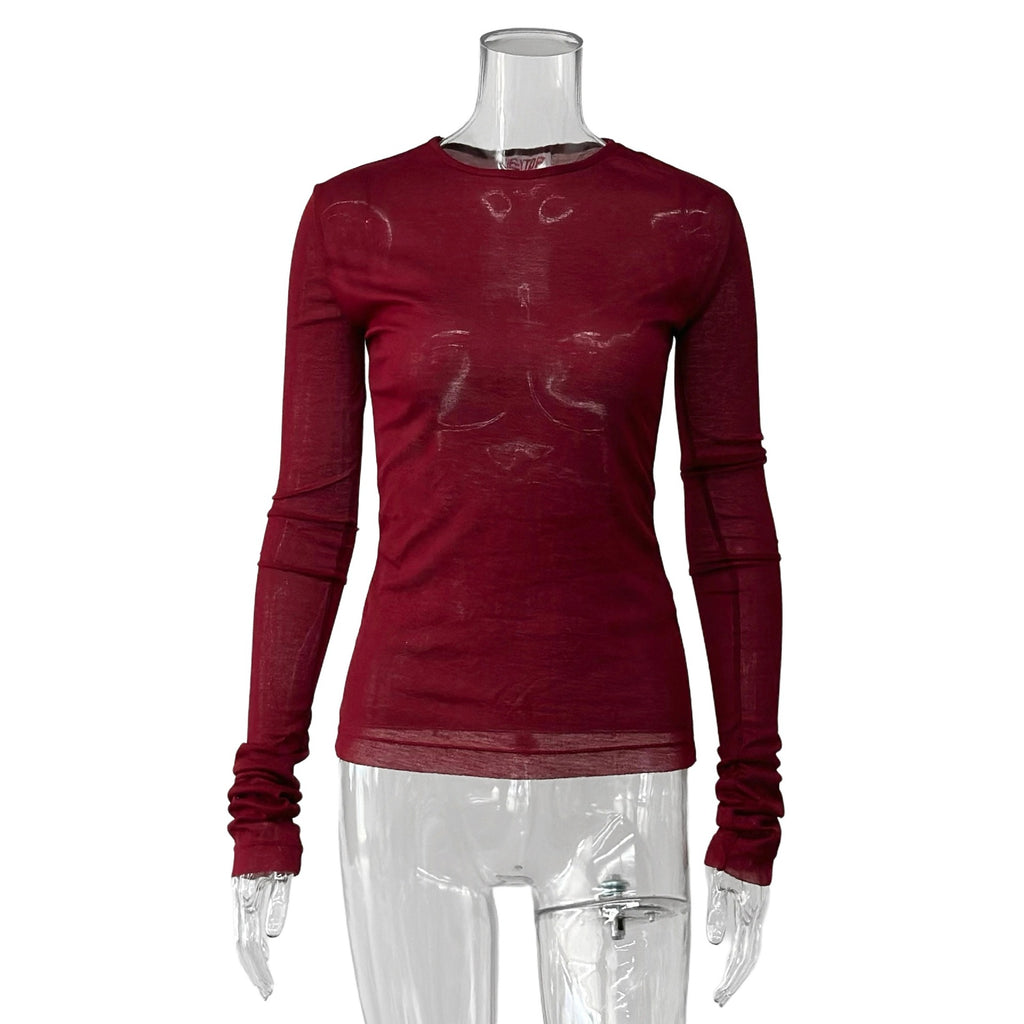 Sheer Slim Fit Long Sleeve Blouse - Winered