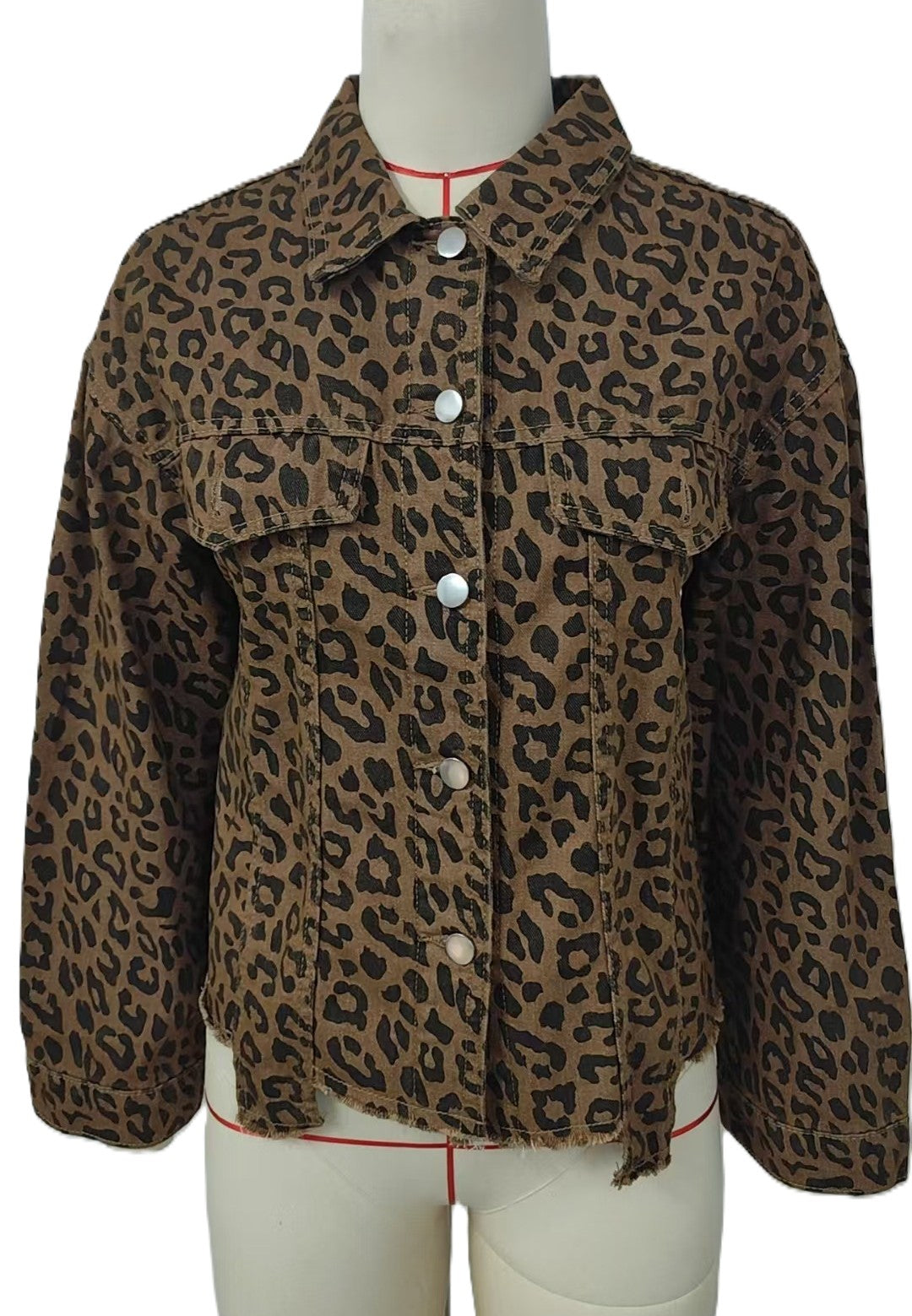 Animal Print Raw Hem Denim Jacket - Leopard