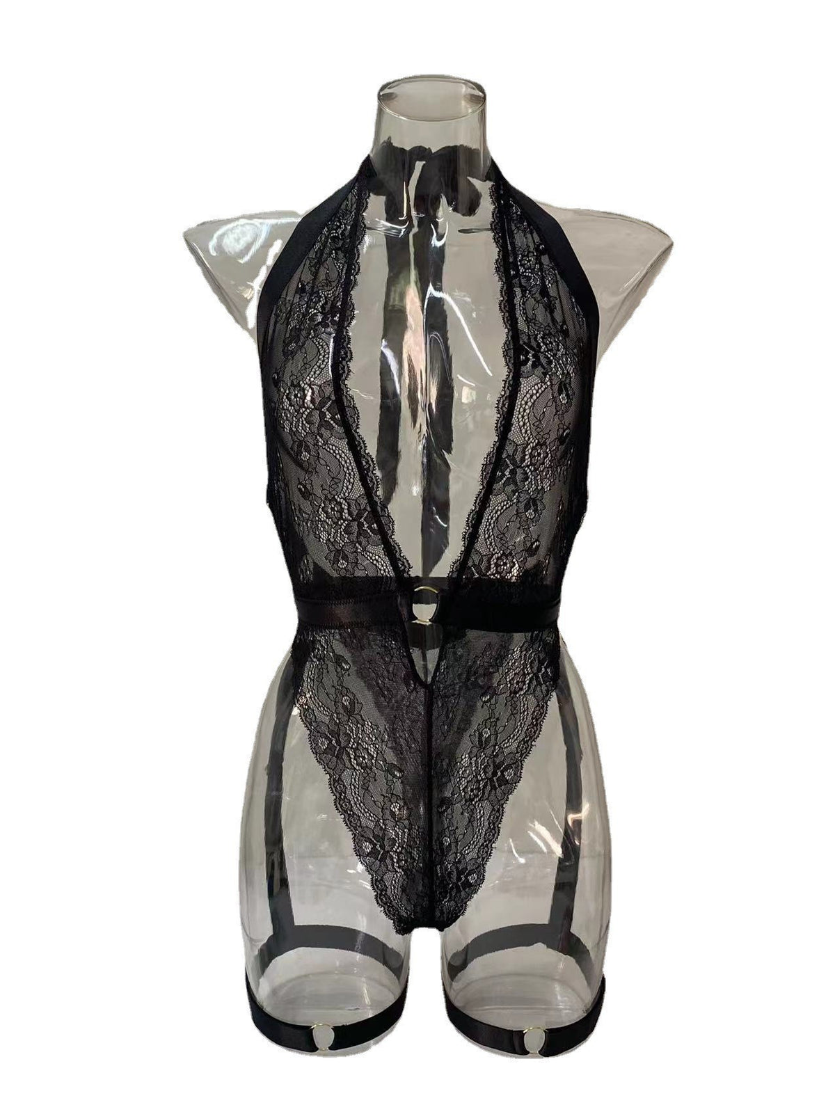 Plunge Floral Lace Garter Bodysuit - black - 7