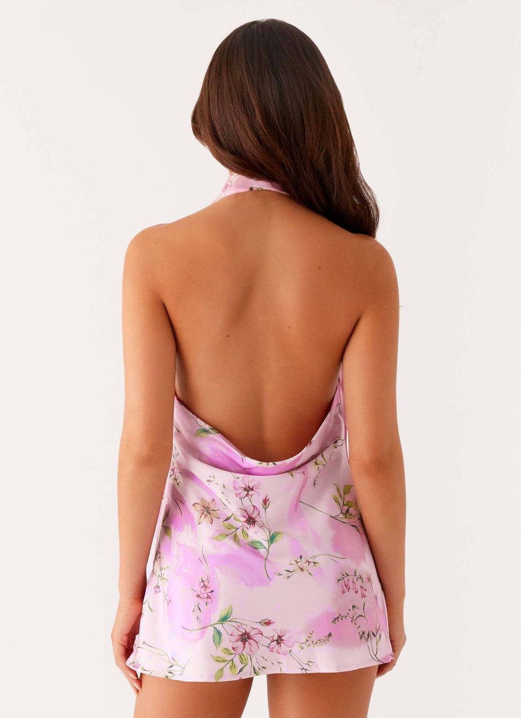Floral Halter Mini Dress With Scarf - Pink - 2