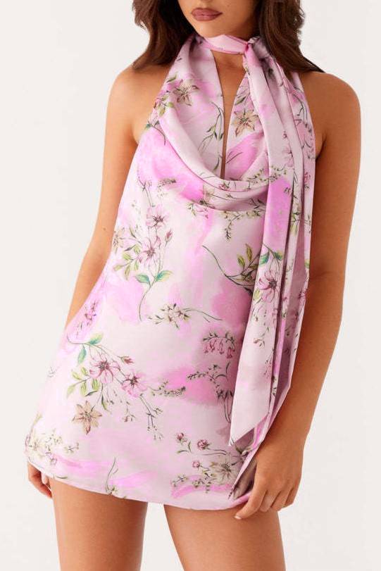 Floral Halter Mini Dress With Scarf - Pink - 3