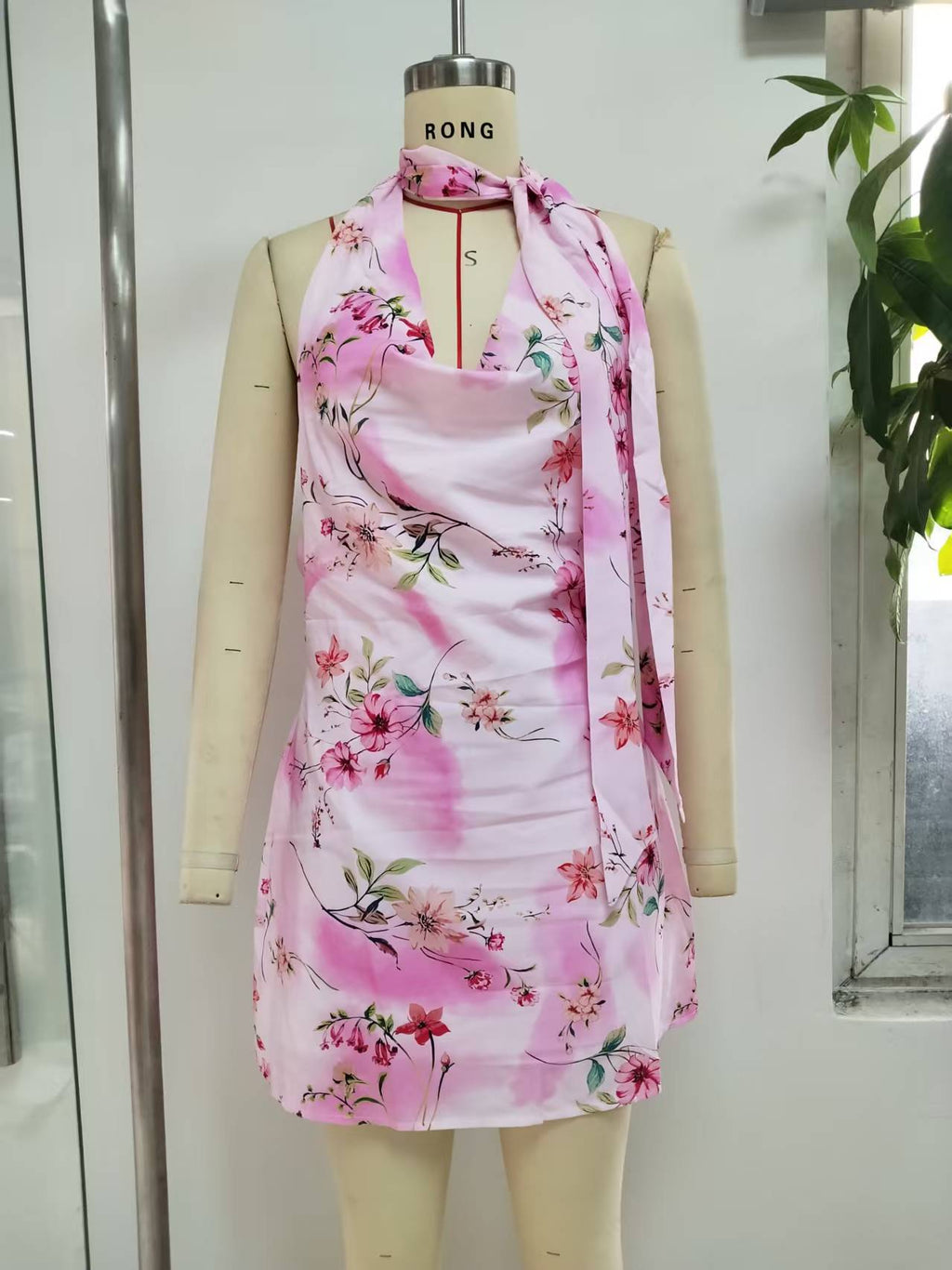 Floral Halter Mini Dress With Scarf - Pink - 6